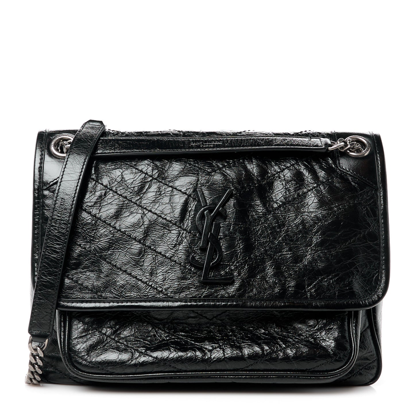 Crinkled Calfskin Matelasse Monogram Medium Niki Chain Satchel Black
