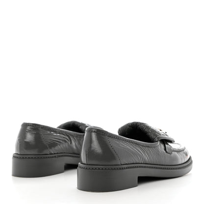 Chanel Crumpled Shiny Lambskin Quilted CC Turnlock Loafers 37 Dark Grey 4 of 9