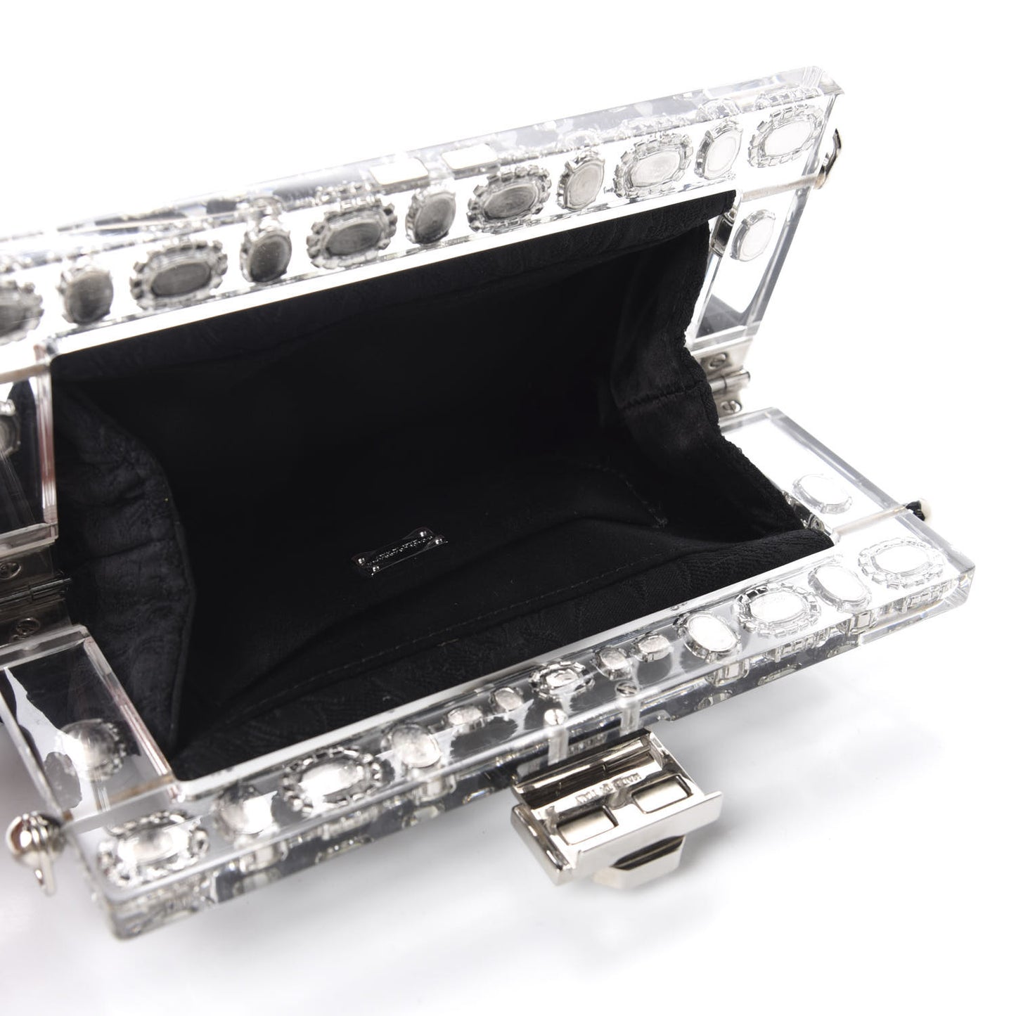 Satin Lace Crystal Embellished Plexis Glass Chain Clutch Black