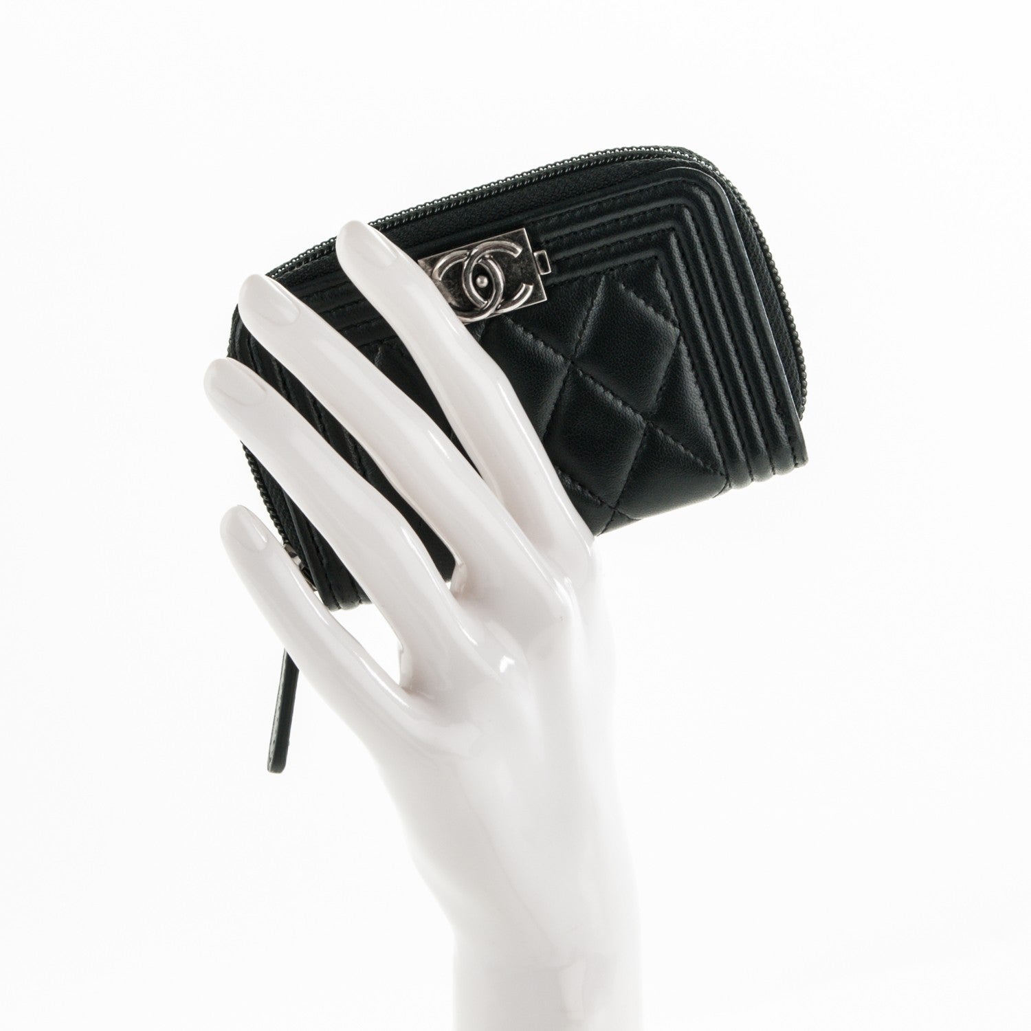Chanel Lambskin Quilted Zip Around Boy Coin Purse Wallet Black 2 of 7