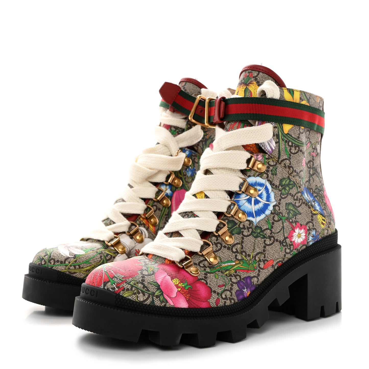 GG Supreme Monogram Flora Lace Up Combat Ankle Boots 38 Beige Multicolor Red