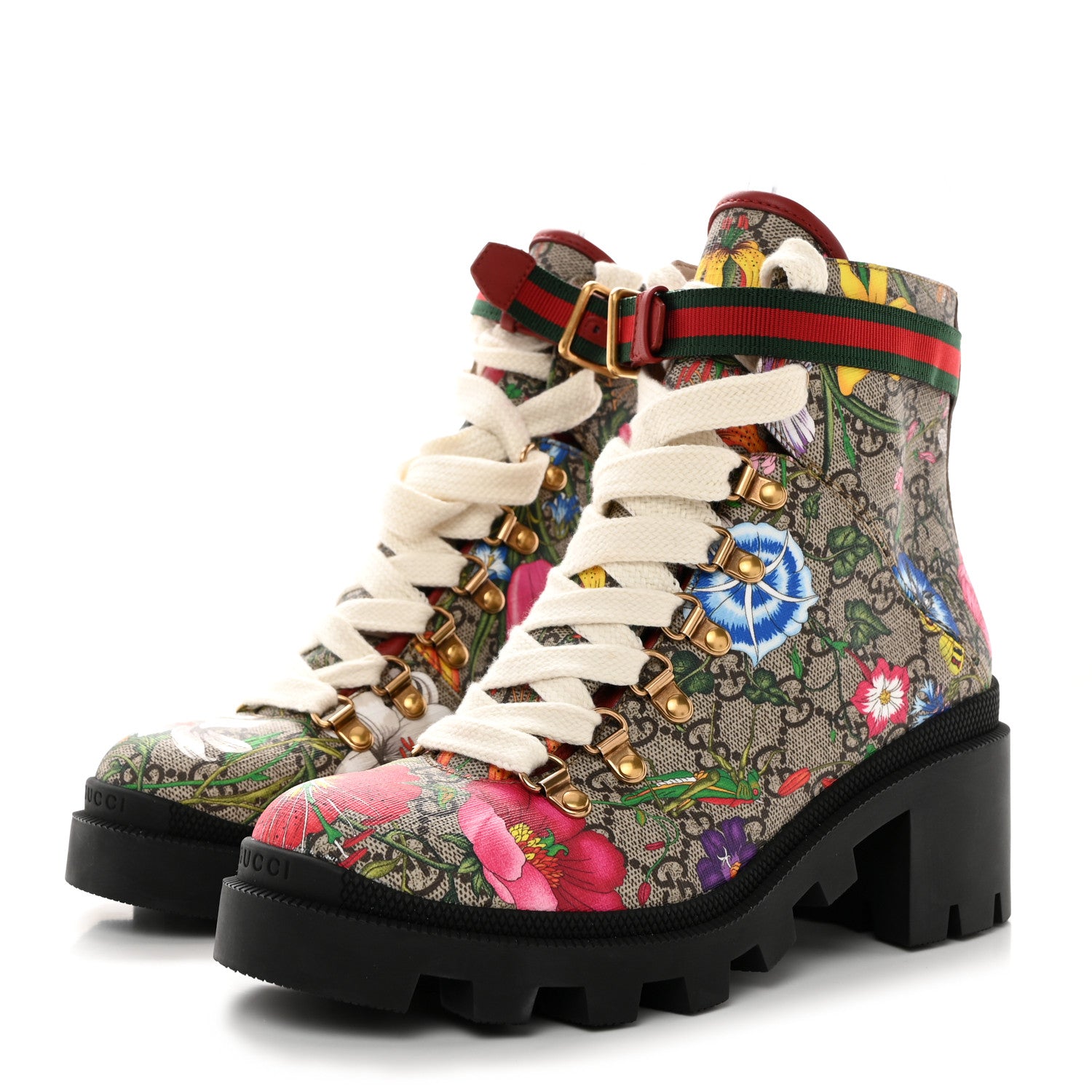 Gucci GG Supreme Monogram Flora Lace Up Combat Ankle Boots 38 Beige Multicolor Red 3 of 11