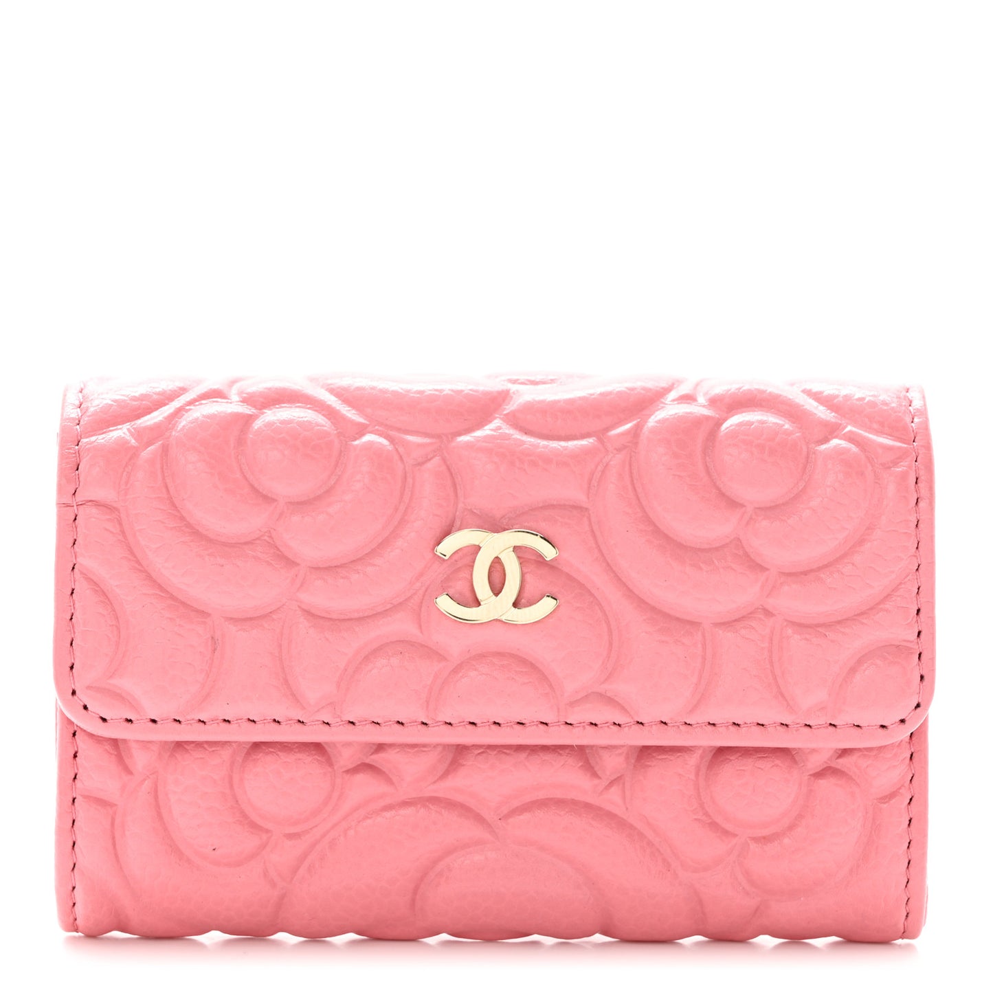Caviar Camellia Embossed Card Holder Wallet Pink