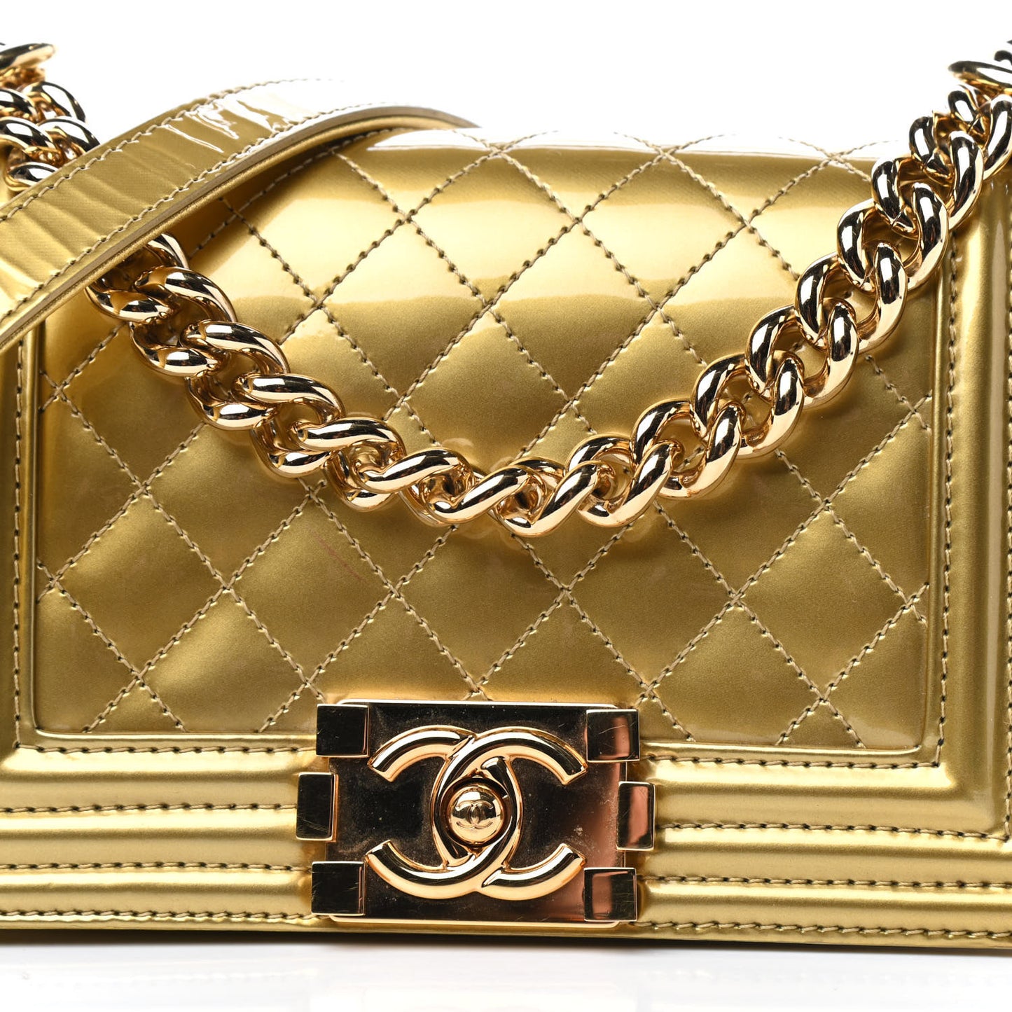 Metallic Patent Calfskin Quilted Small Boy Flap Gold