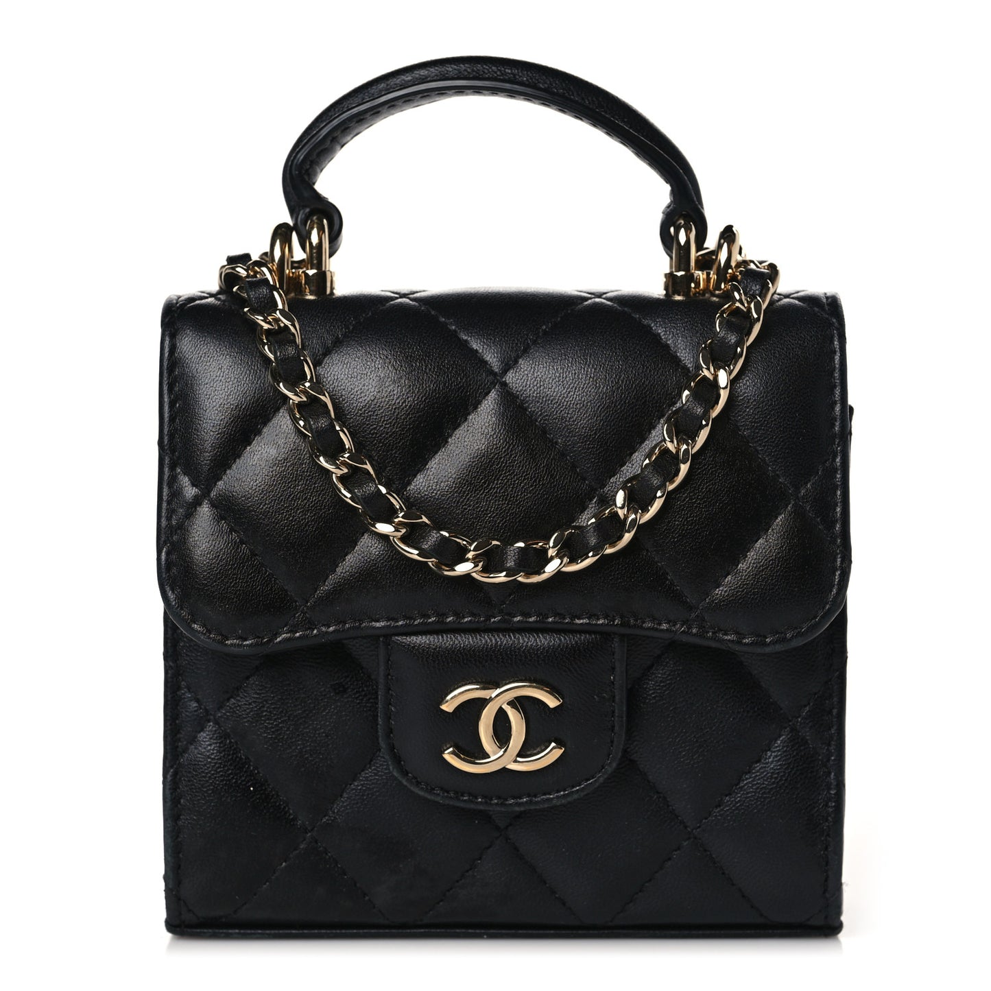 Lambskin Quilted Top Handle Flap Clutch With Chain Black