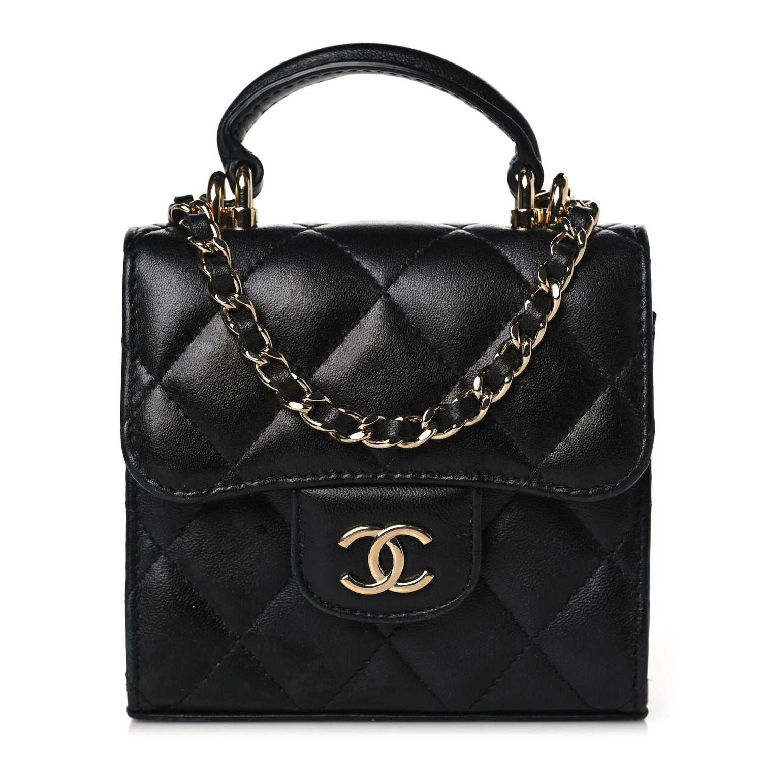 Chanel Lambskin Quilted Top Handle Flap Clutch With Chain Black 1 of 9