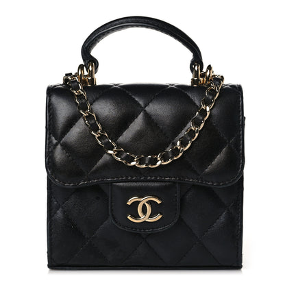 Chanel Lambskin Quilted Top Handle Flap Clutch With Chain Black 1 of 9