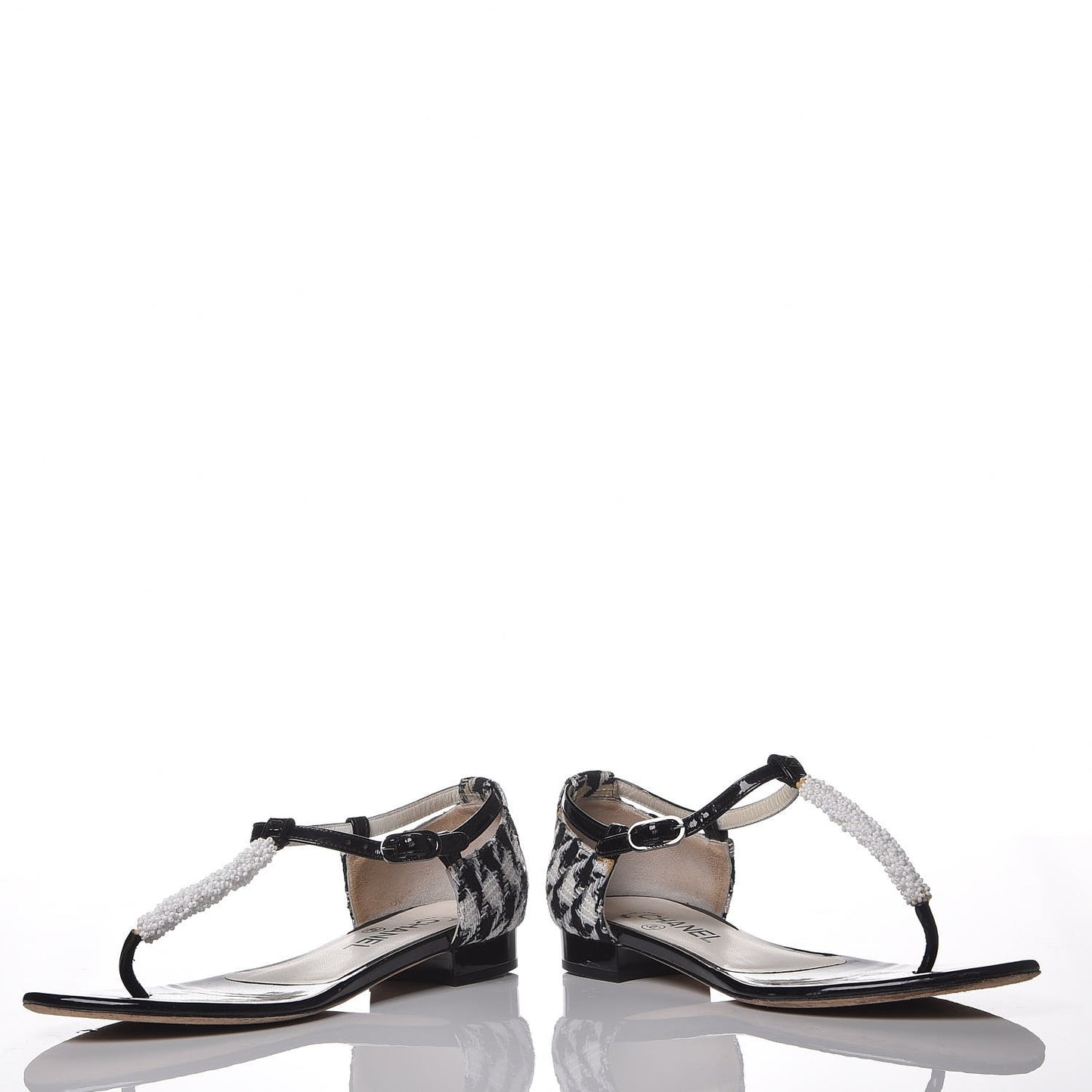 Patent Houndstooth Beaded Thong Sandals 36 Black