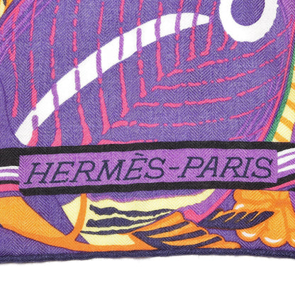 Hermes Cashmere Silk De La Mer Au Ciel Shawl 140 Violet Orange Vert 3 of 7