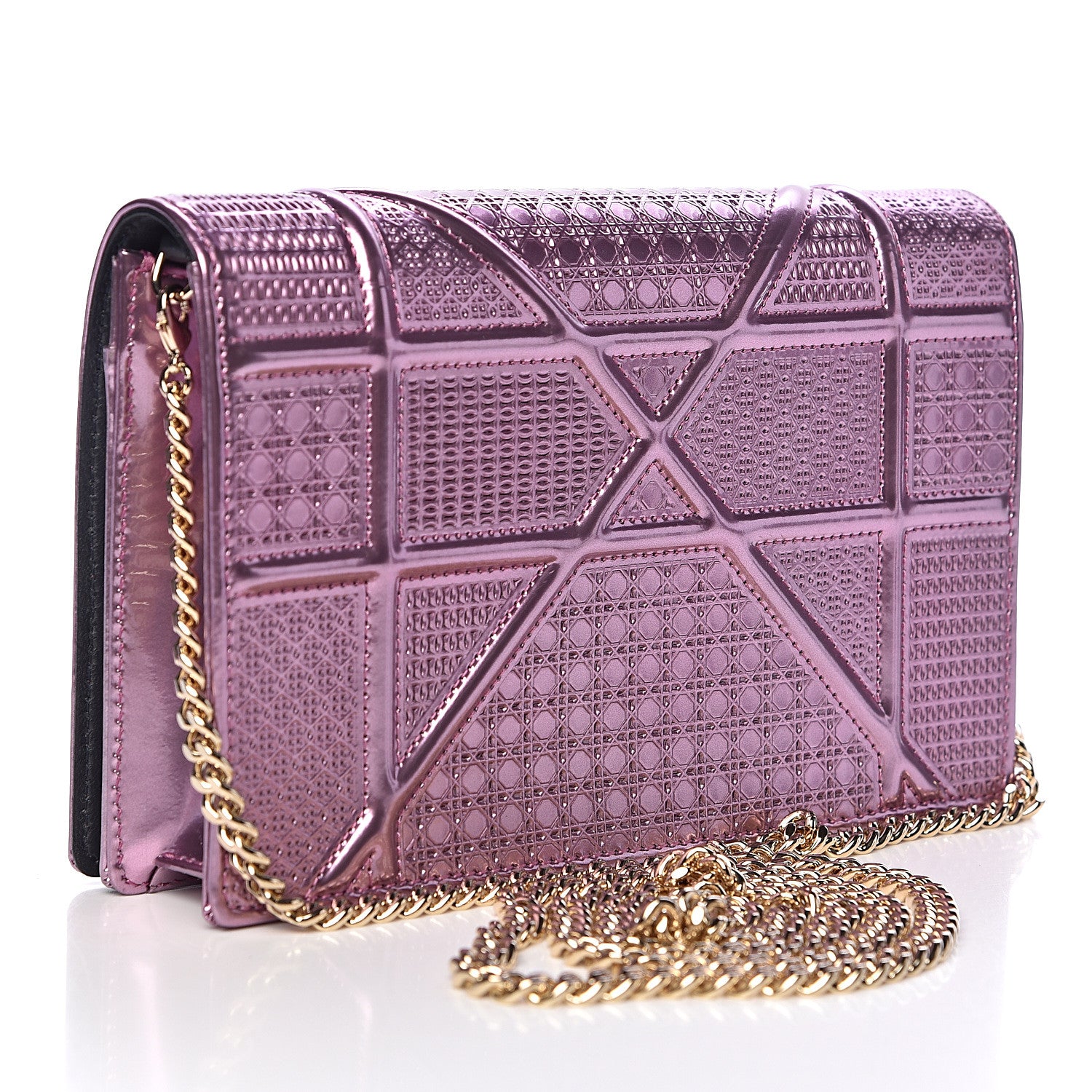 Christian Dior Metallic Patent Micro-Cannage Diorama Wallet on Chain Pouch Pink 3 of 9