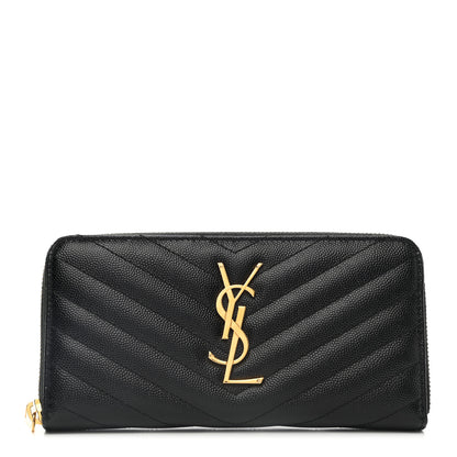 Saint Laurent Grain De Poudre Matelasse Chevron Monogram Zip Around Wallet Black 1 of 7