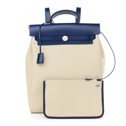 Hermes Military Toile Vache Hunter Herbag a Dos Zip Retourne Backpack Bleu De France Ecru 1 of 12