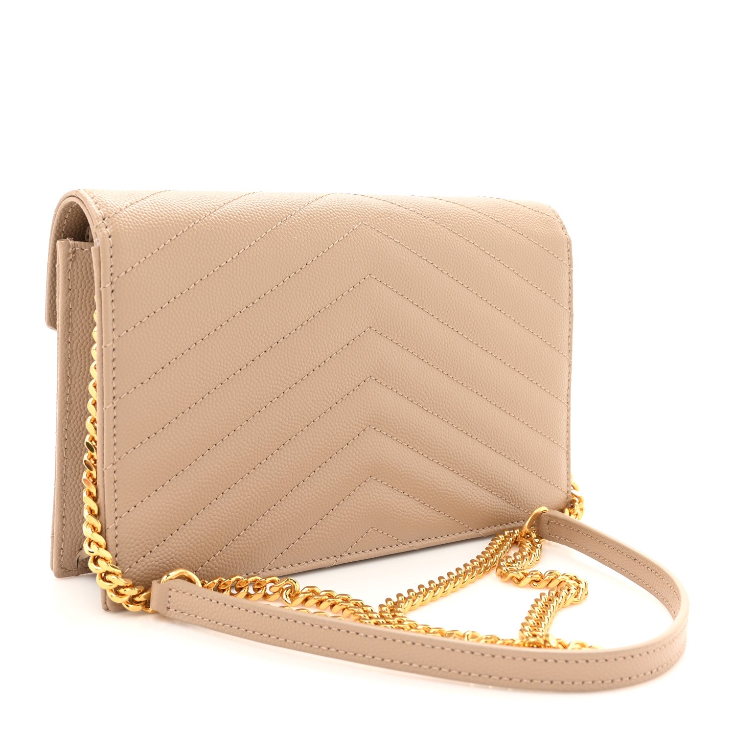 Saint Laurent Grain De Poudre Matelasse Chevron Monogram Envelope Chain Wallet Dark Beige 2 of 10