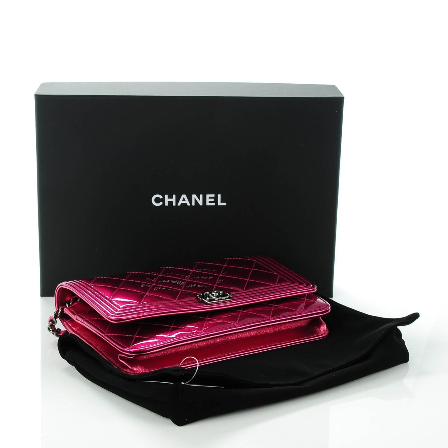 Patent Calfskin Quilted Boy Wallet On Chain WOC Fuchsia