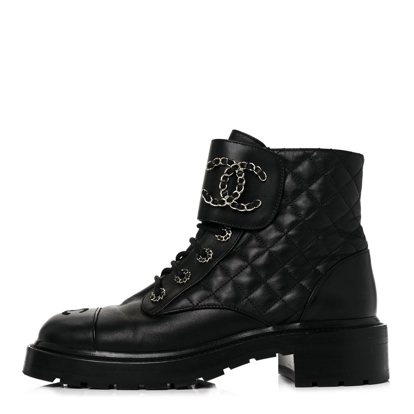 Lambskin Calfskin Quilted Lace Up Combat Boots 39.5 Black