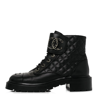 Chanel Lambskin Calfskin Quilted Lace Up Combat Boots 39.5 Black 1 of 16