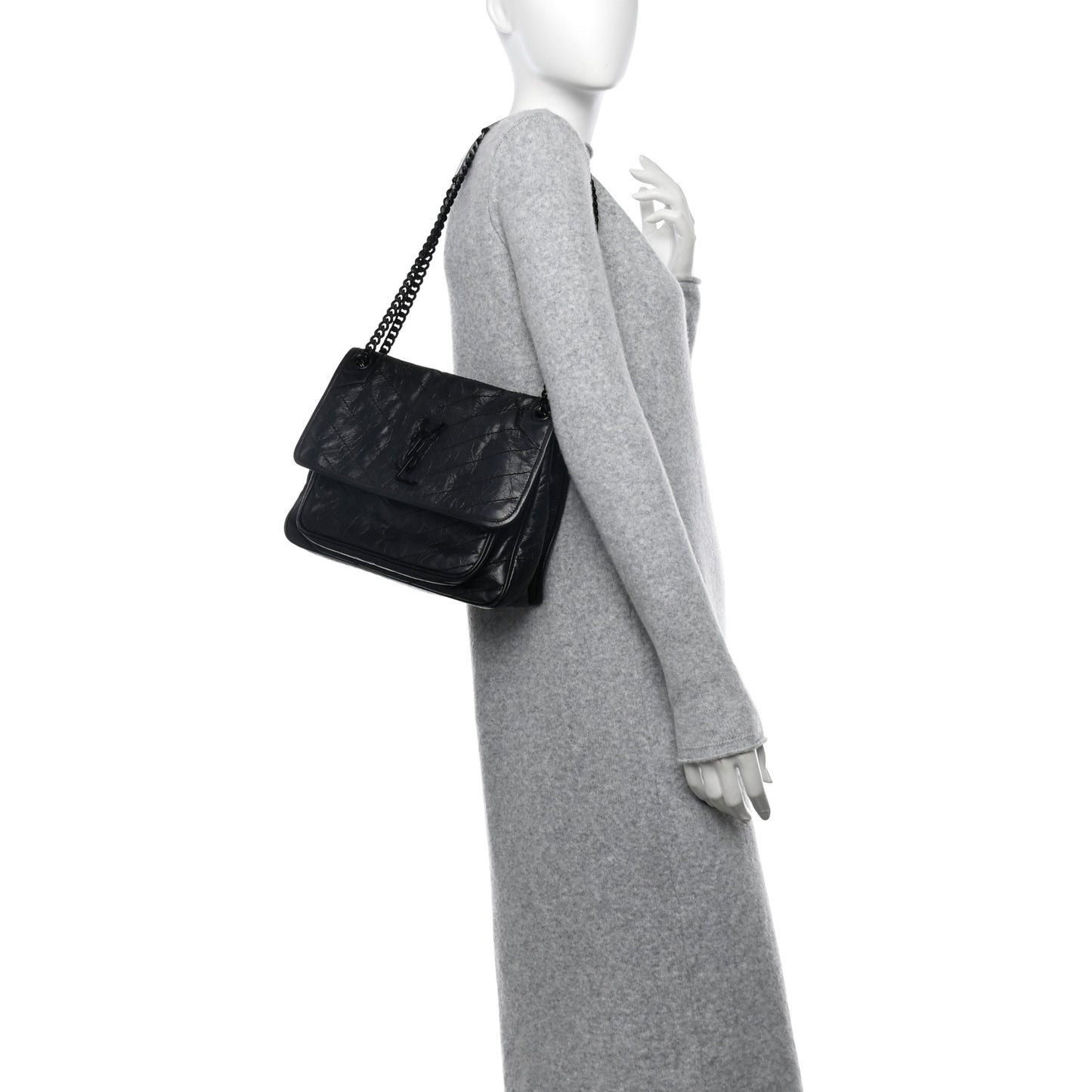 Crinkled Calfskin Matelasse Monogram Medium Niki Chain Satchel Black