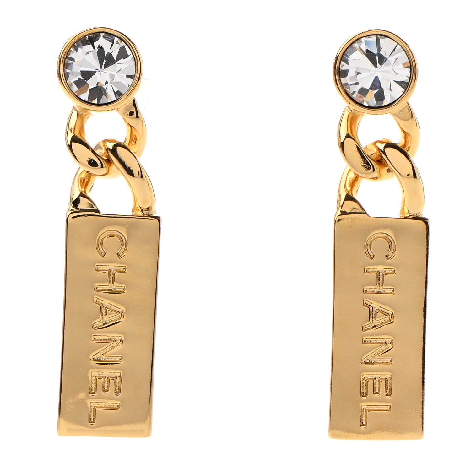 Chanel Crystal Tag Drop Earrings Gold 1 of 4