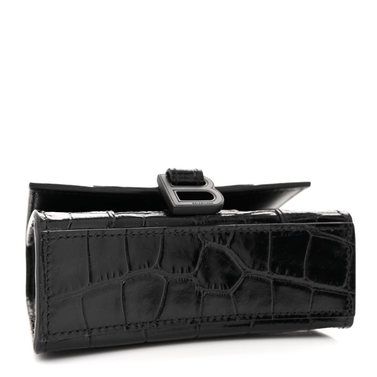 Shiny Calfskin Monochrome Crocodile Embossed Hourglass Top Handle Bag Mini with Chain Black
