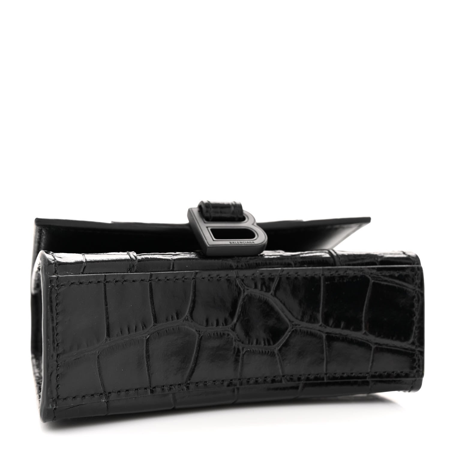 Balenciaga Shiny Calfskin Monochrome Crocodile Embossed Hourglass Top Handle Bag Mini with Chain Black 4 of 9