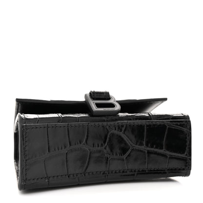 Balenciaga Shiny Calfskin Monochrome Crocodile Embossed Hourglass Top Handle Bag Mini with Chain Black 4 of 9