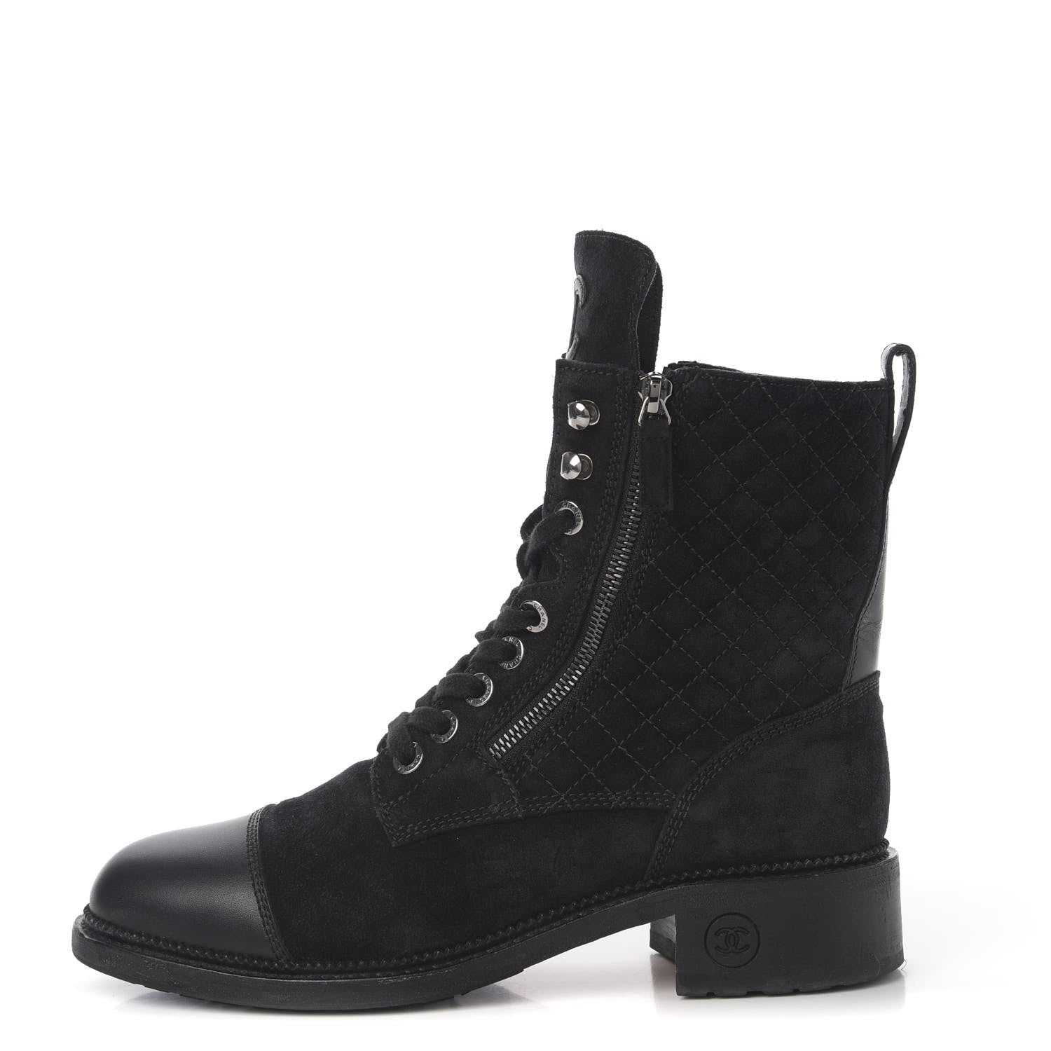 Chanel Suede Quilted CC Lace Up Combat Boots 41.5 Black 1 of 11