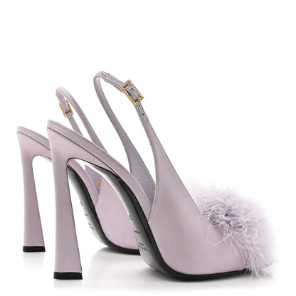 Saint Laurent Crepe Satin Blanco Feathered Sandals 38 Poly Grey 4 of 11