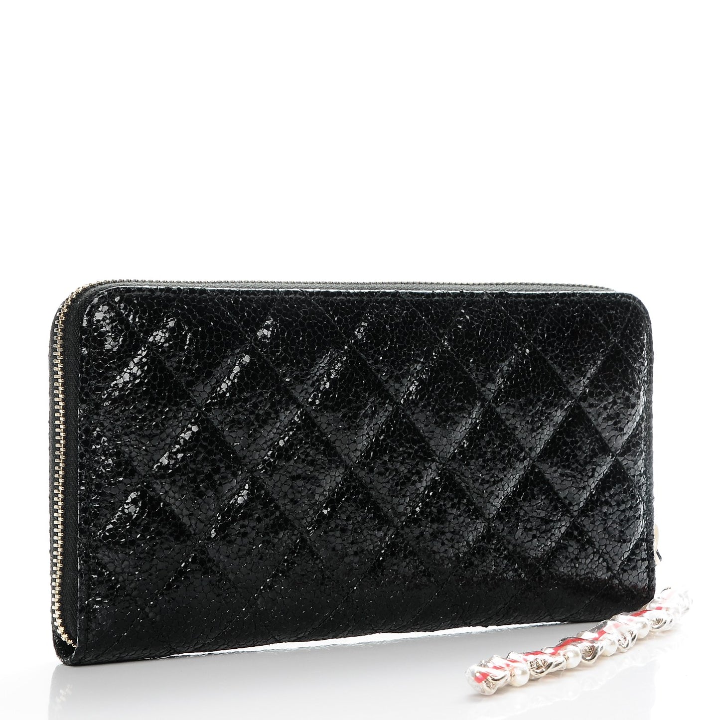 Crackled Patent Calfskin Zip Around Large Gusset Wallet With Pearl Chain Black