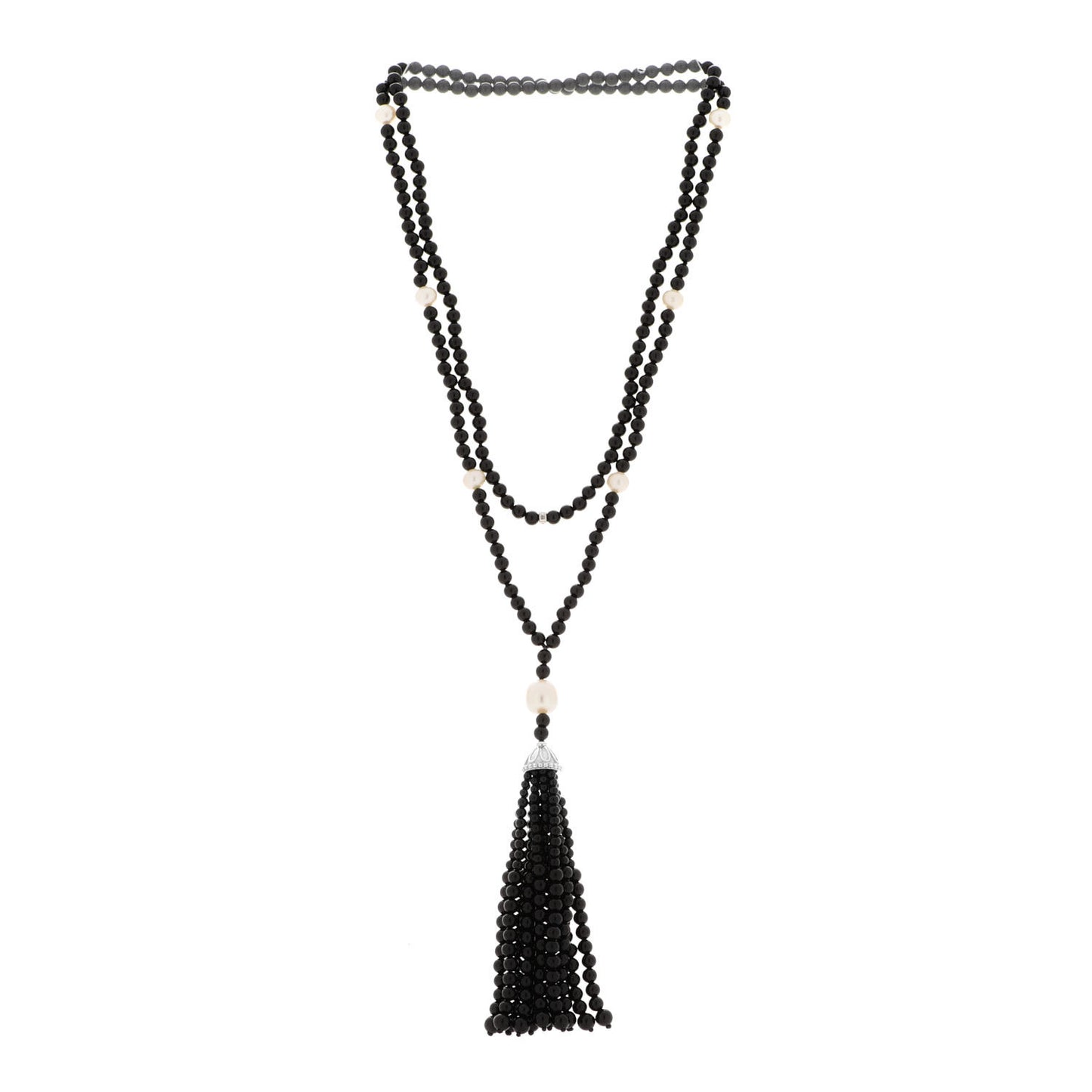Sterling Silver Black Onyx Freshwater Pearl Ziegfeld Tassel Necklace