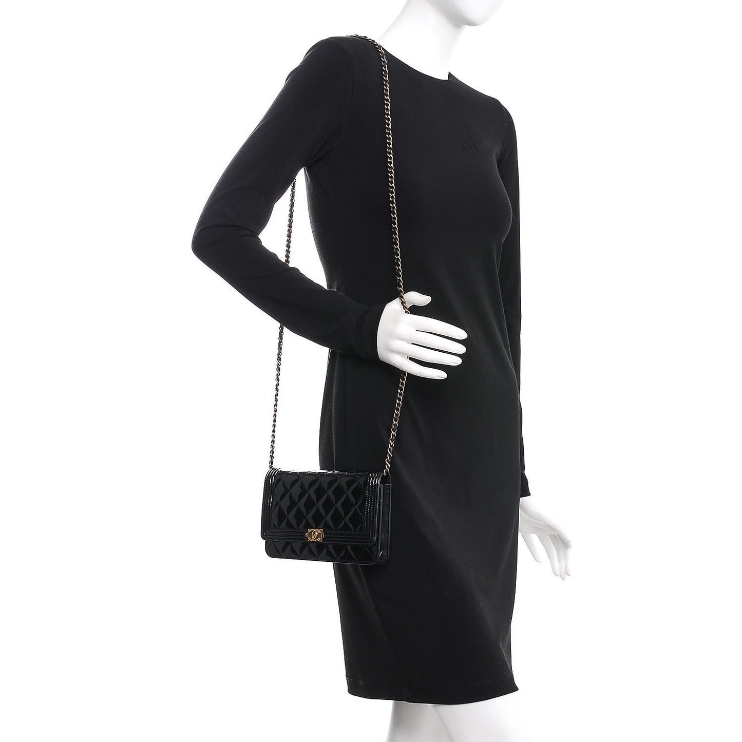 Patent Calfskin Quilted Boy Wallet On Chain WOC Black