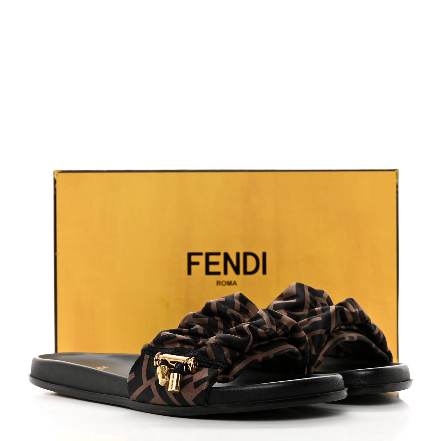 Satin FF Fendi Feel Slide Sandals 39.5 Tobacco Black