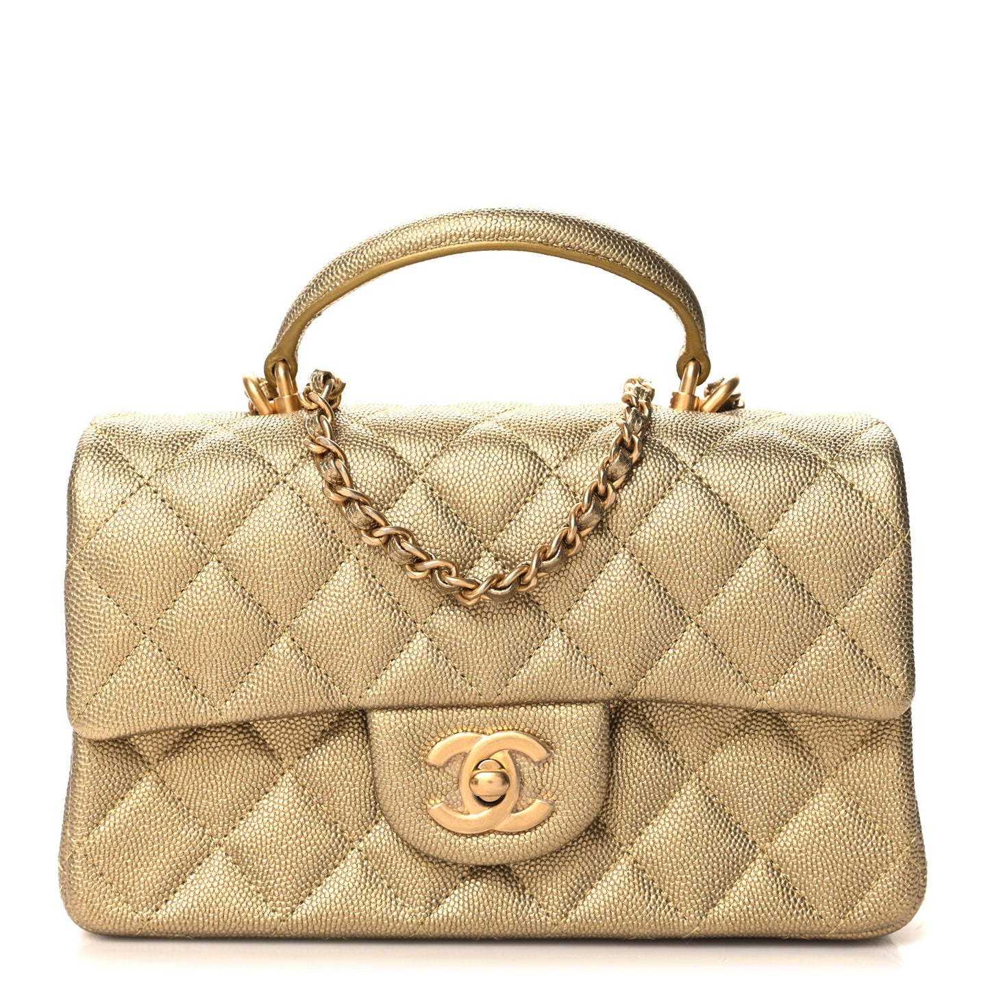 Metallic Caviar Quilted Mini Top Handle Rectangular Flap Gold