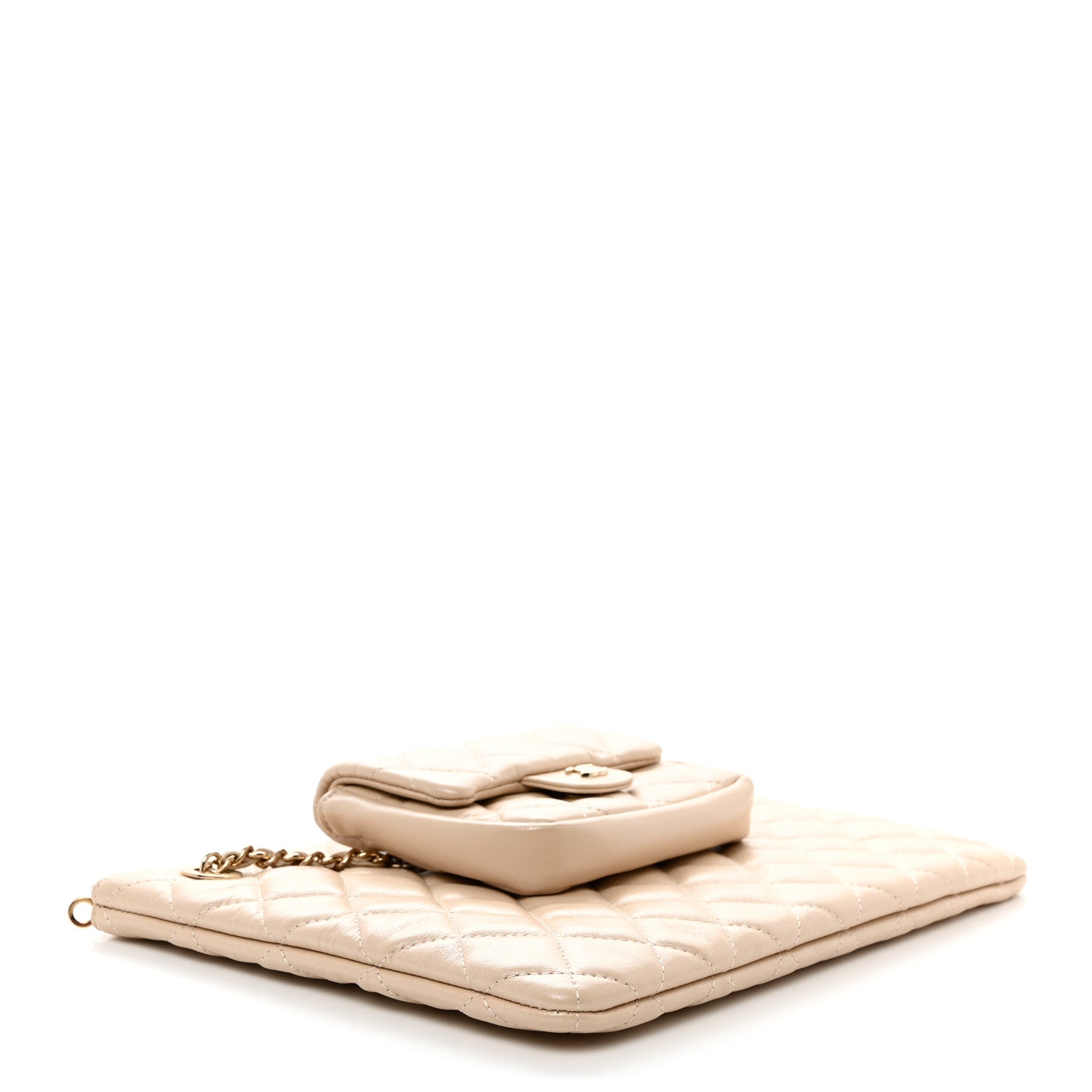 Chanel Iridescent Lambskin Quilted Pouch With Flap Beige 4 of 10