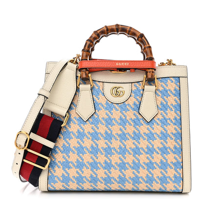 Gucci Raffia Textured Dollar Calfskin Web Houndstooth Small Diana Tote Bag Light Blue Natural Deep Orange 1 of 14