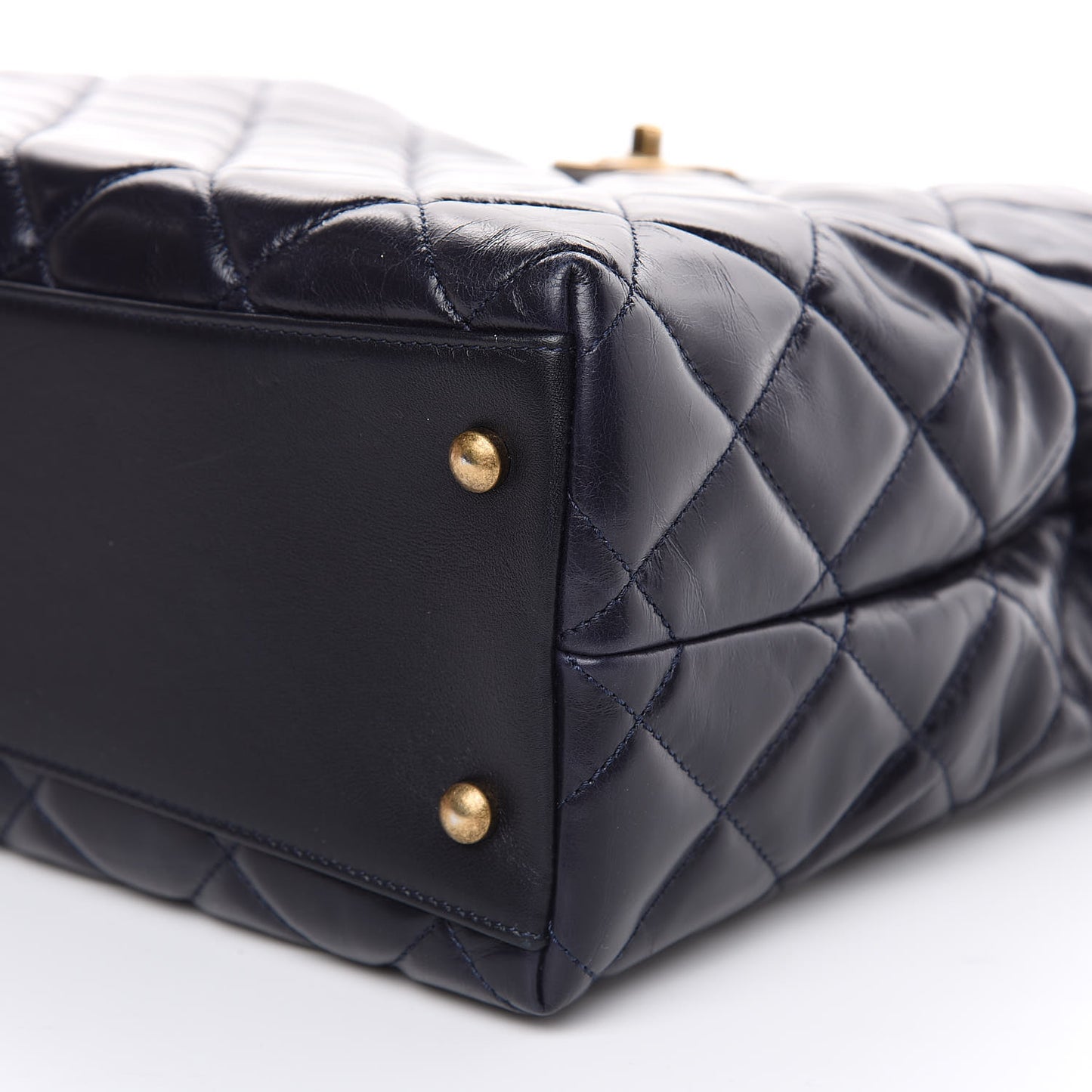 Calfskin Quilted Large Gold Bar Top Handle Tote Dark Navy Blue