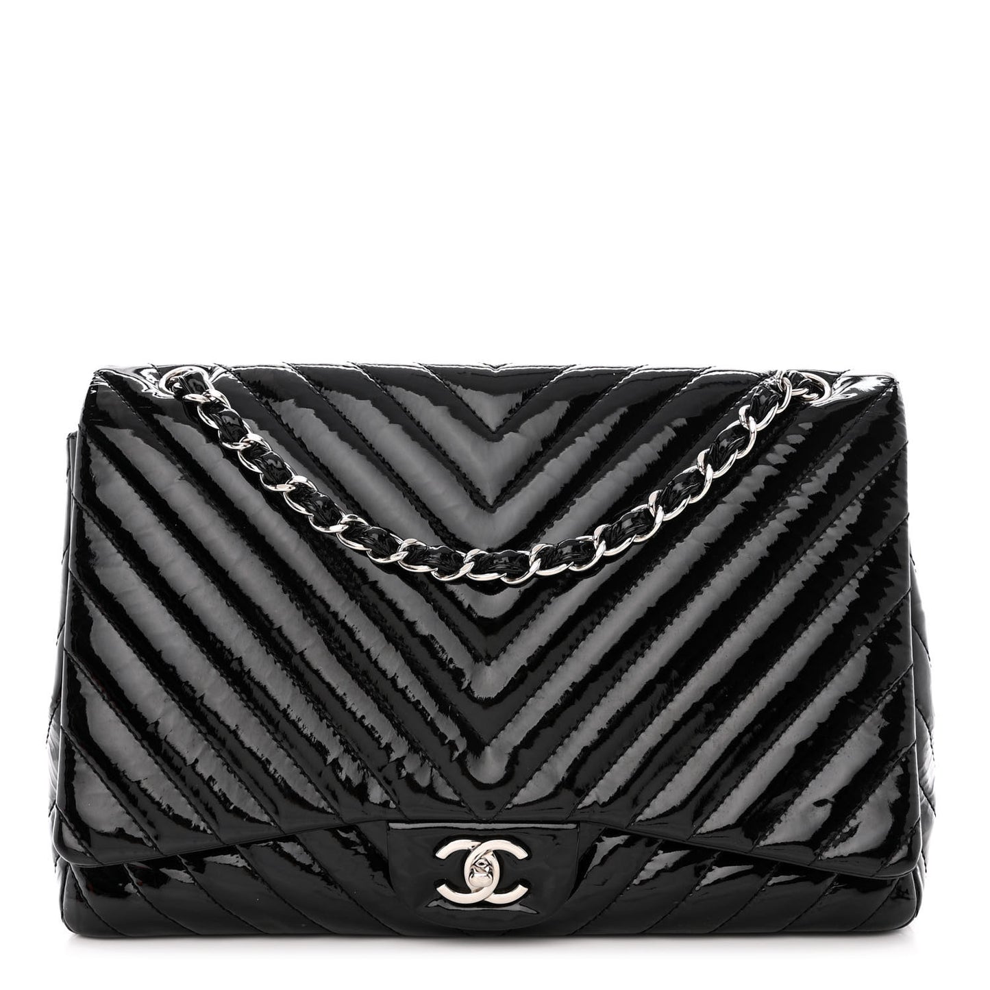 Patent Chevron Quilted Maxi Single Flap Black