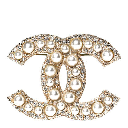 Chanel Pearl Crystal CC Brooch Gold 1 of 3