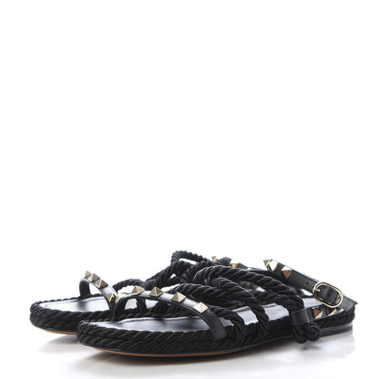 Valentino Garavani Calfskin Rockstud Torchon Rope Espadrille Flat Sandals 35 Black 3 of 10