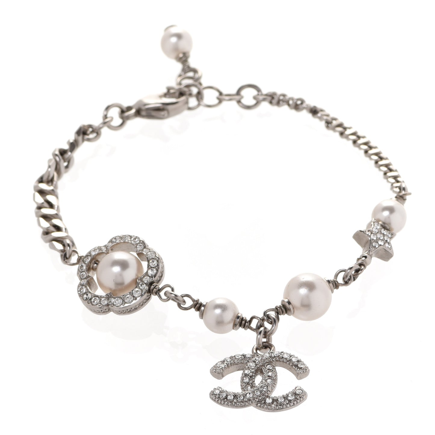 Crystal Pearl Camellia CC Coco Flapper Bracelet Silver
