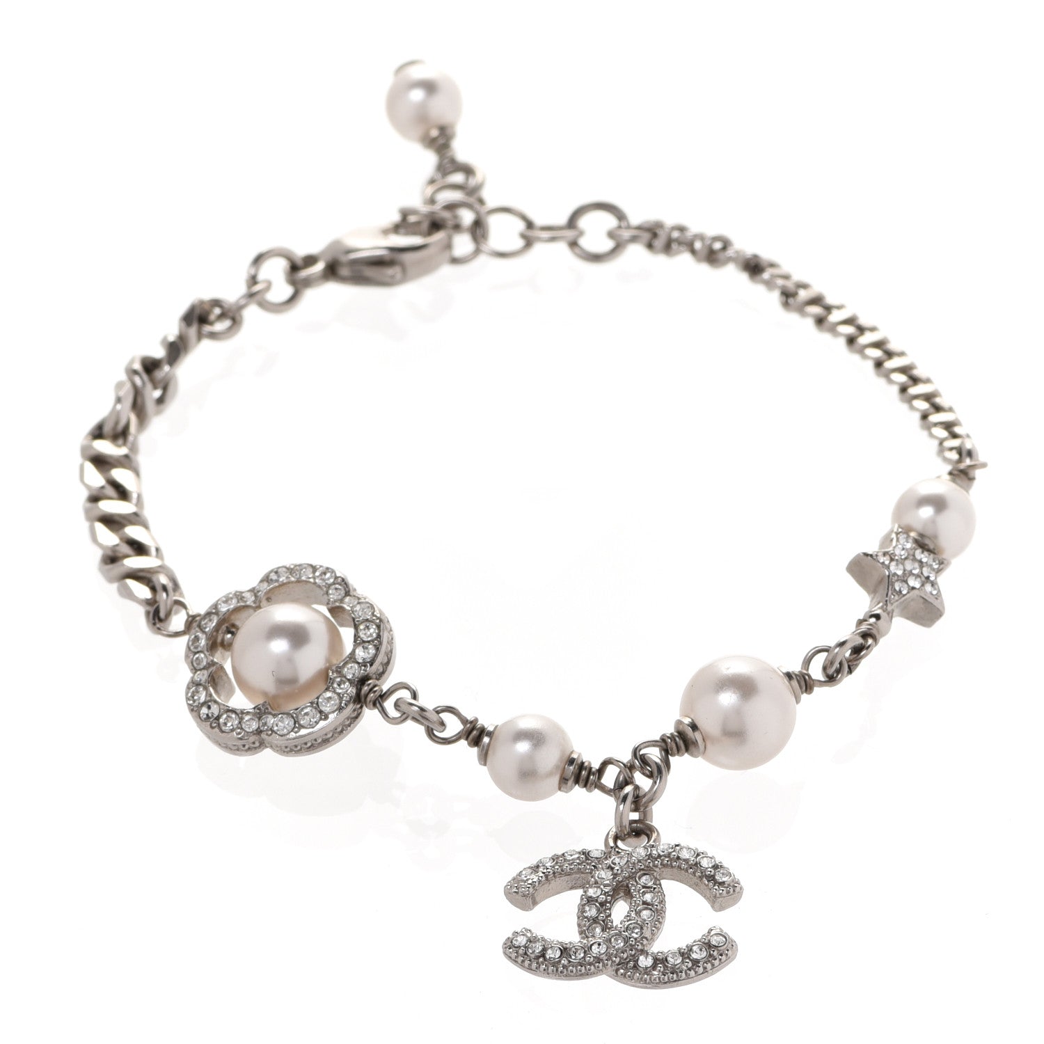 Chanel Crystal Pearl Camellia CC Coco Flapper Bracelet Silver 1 of 5