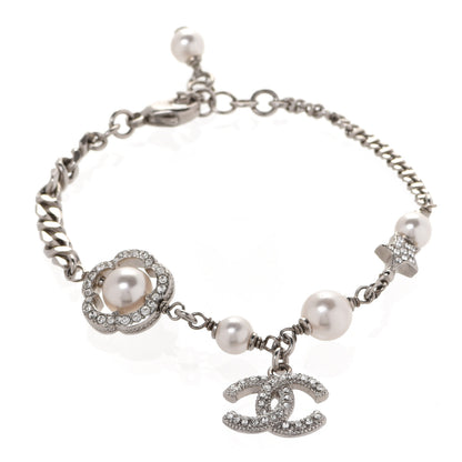 Chanel Crystal Pearl Camellia CC Coco Flapper Bracelet Silver 1 of 5