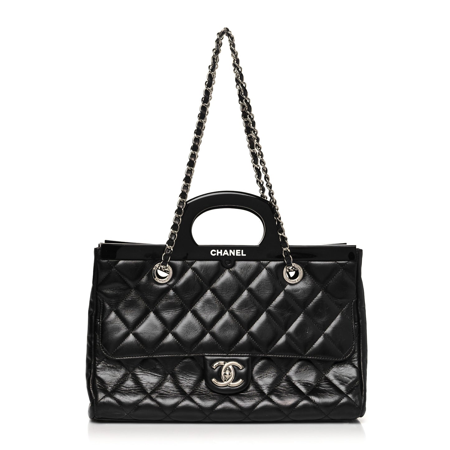 Glazed Calfskin Quilted Small CC Delivery Tote Black