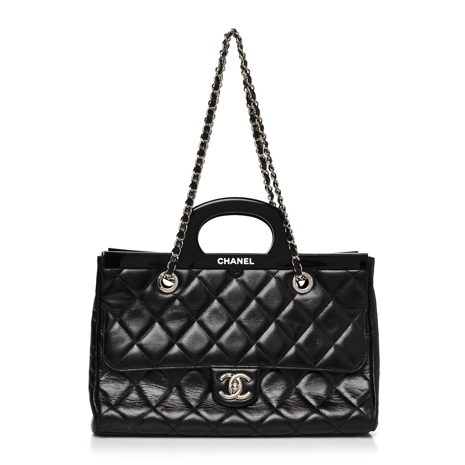 Chanel Glazed Calfskin Quilted Small CC Delivery Tote Black 1 of 12