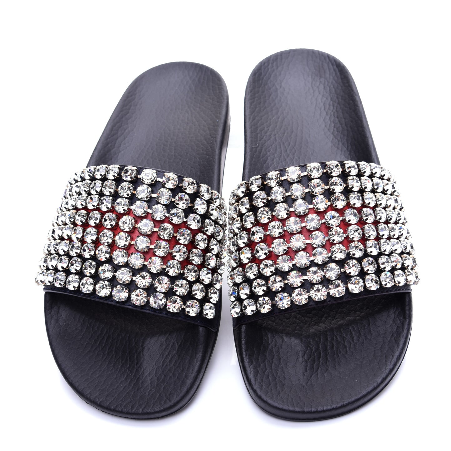 Calfskin Crystal Embellished Web Slide Sandals 38 Blue Red