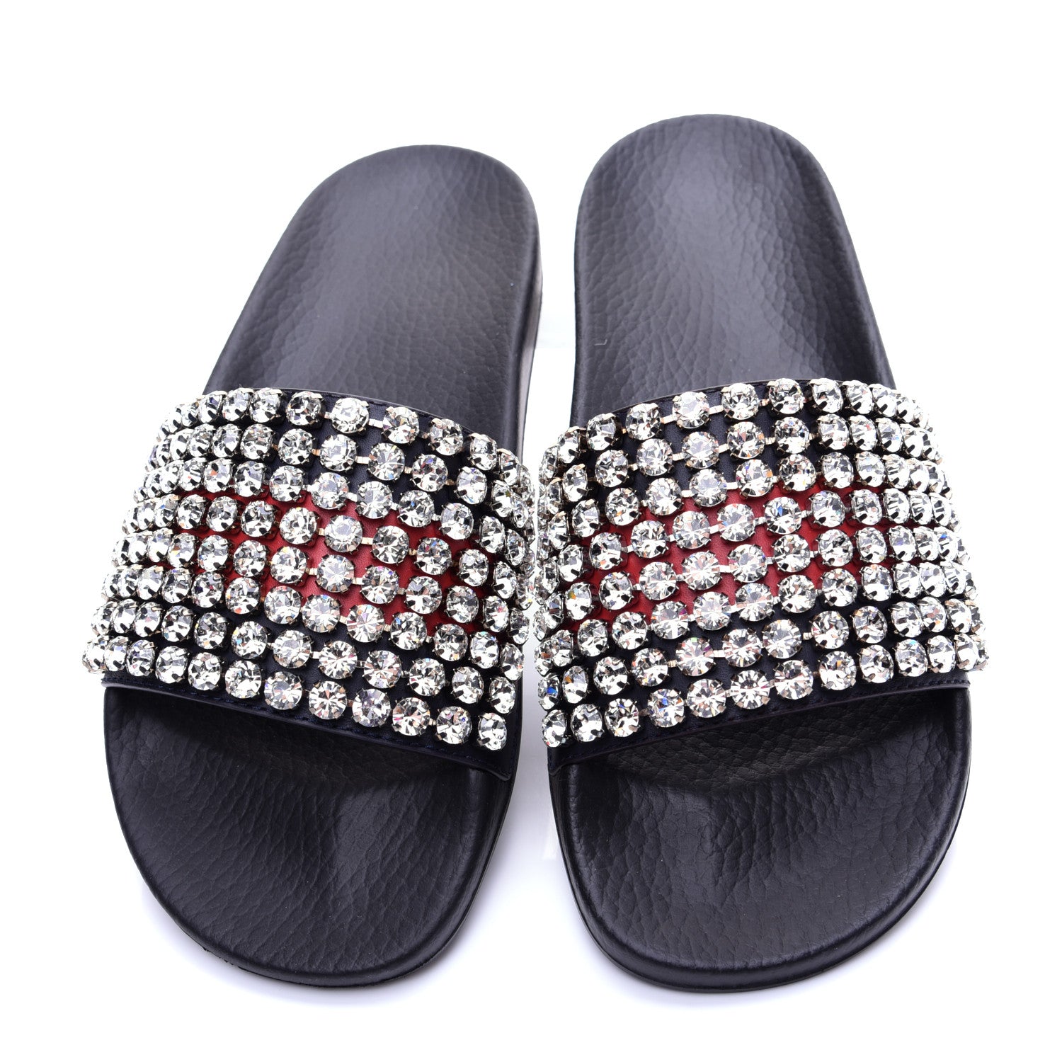 Gucci Calfskin Crystal Embellished Web Slide Sandals 38 Blue Red 9 of 12