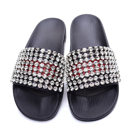 Gucci Calfskin Crystal Embellished Web Slide Sandals 38 Blue Red 9 of 12