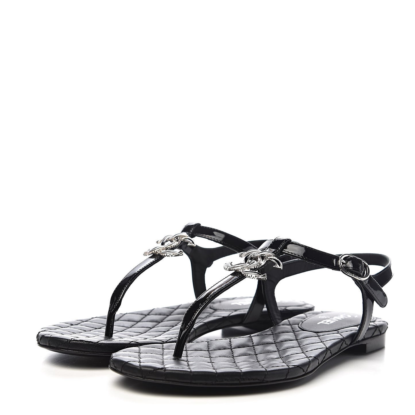 Patent Calfskin CC Chain Thong Sandals 35 Black
