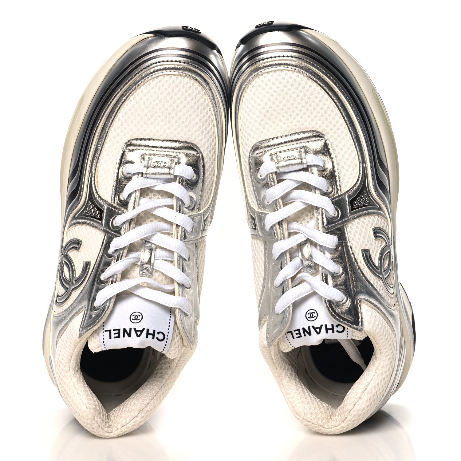 Chanel Fabric Laminated Calfskin Stretch CC Sneakers 37 White Silver 2 of 9