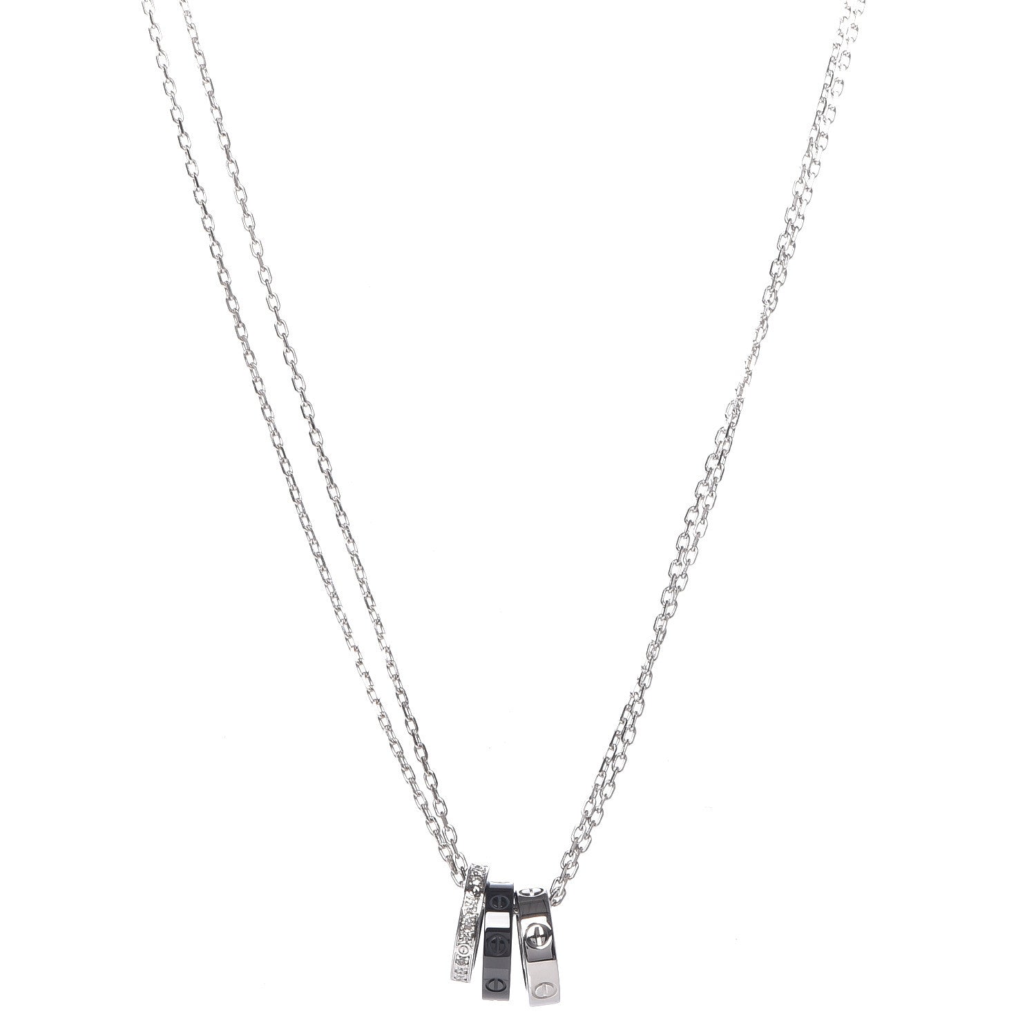 Cartier 18K White Gold Ceramic Diamond Three Ring LOVE Necklace 1 of 8