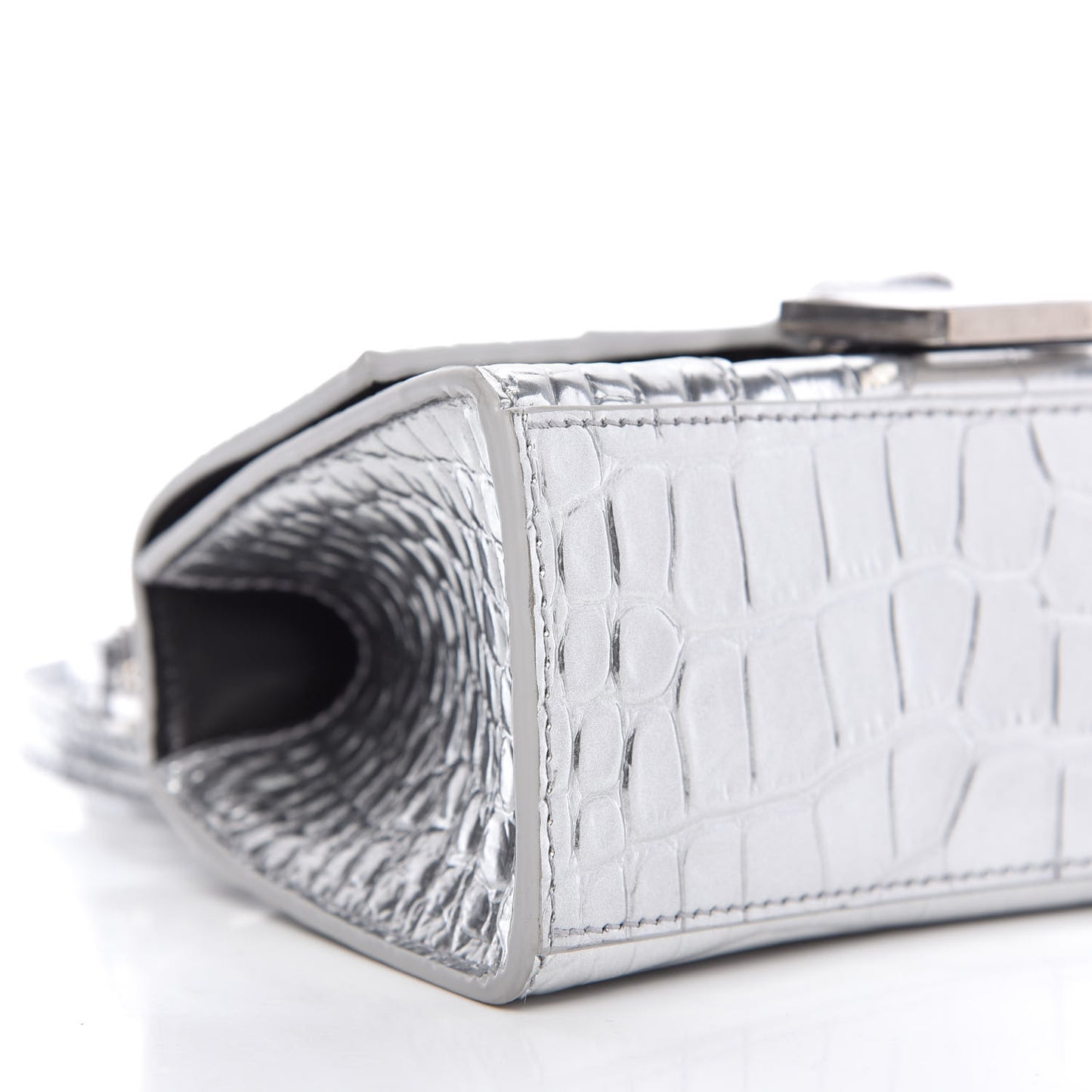 Metallic Calfskin Crocodile Embossed Hourglass Top Handle Bag XS Silver